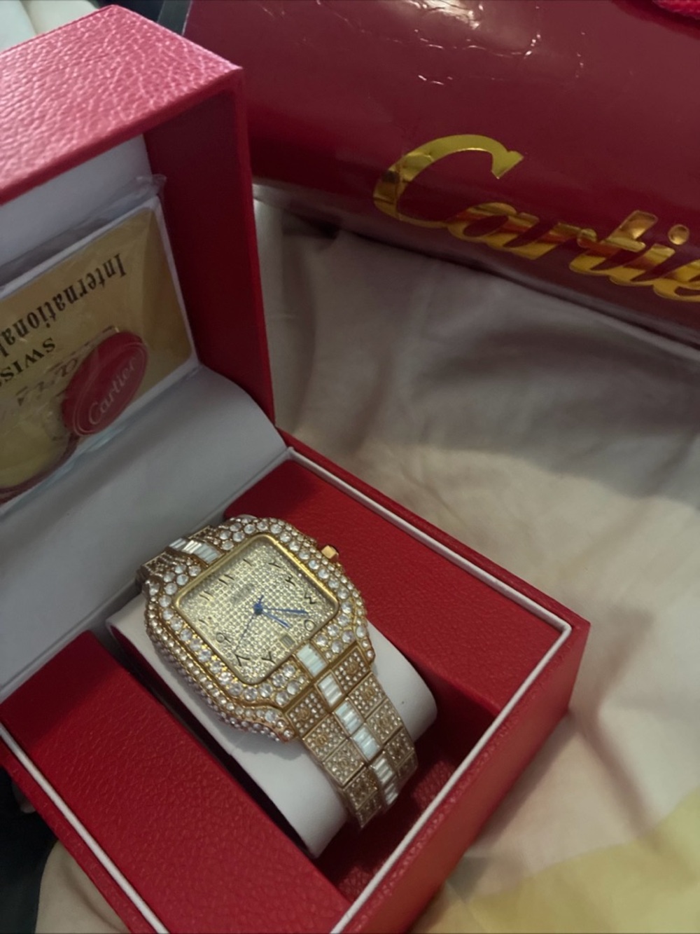 Cartier Gold Tone Crystal Bracelet Watch with Red Presentation Box